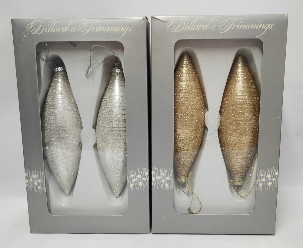 Dillard’s Trimmings Gold Silver Glitter Christmas Ornaments Lot of 4 Boxed